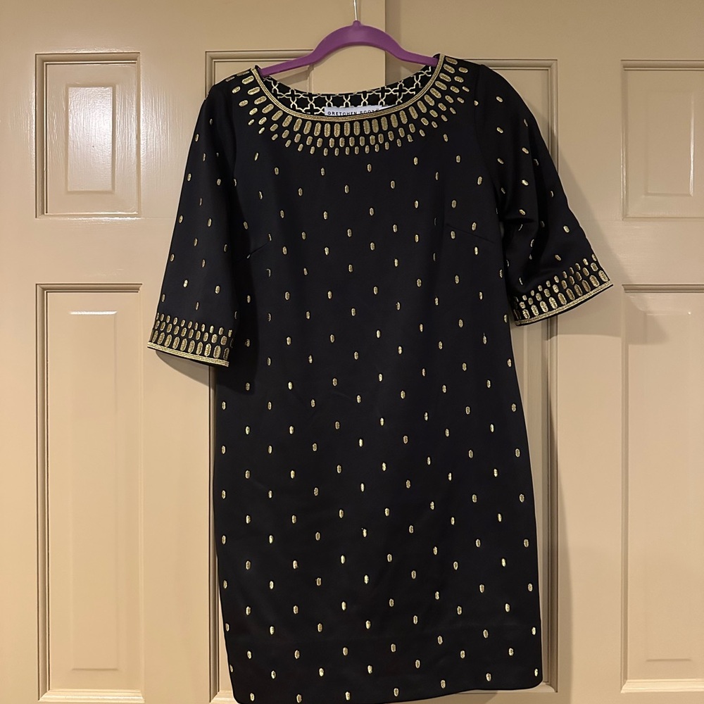 Gretchen Scott Designs Black and Gold Sheath Mini Dress